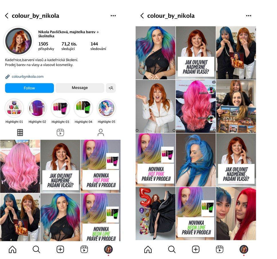 Dva náhledy instagramového profilu colour_by_nikola s mřížkou barevných příspěvků o vlasech.