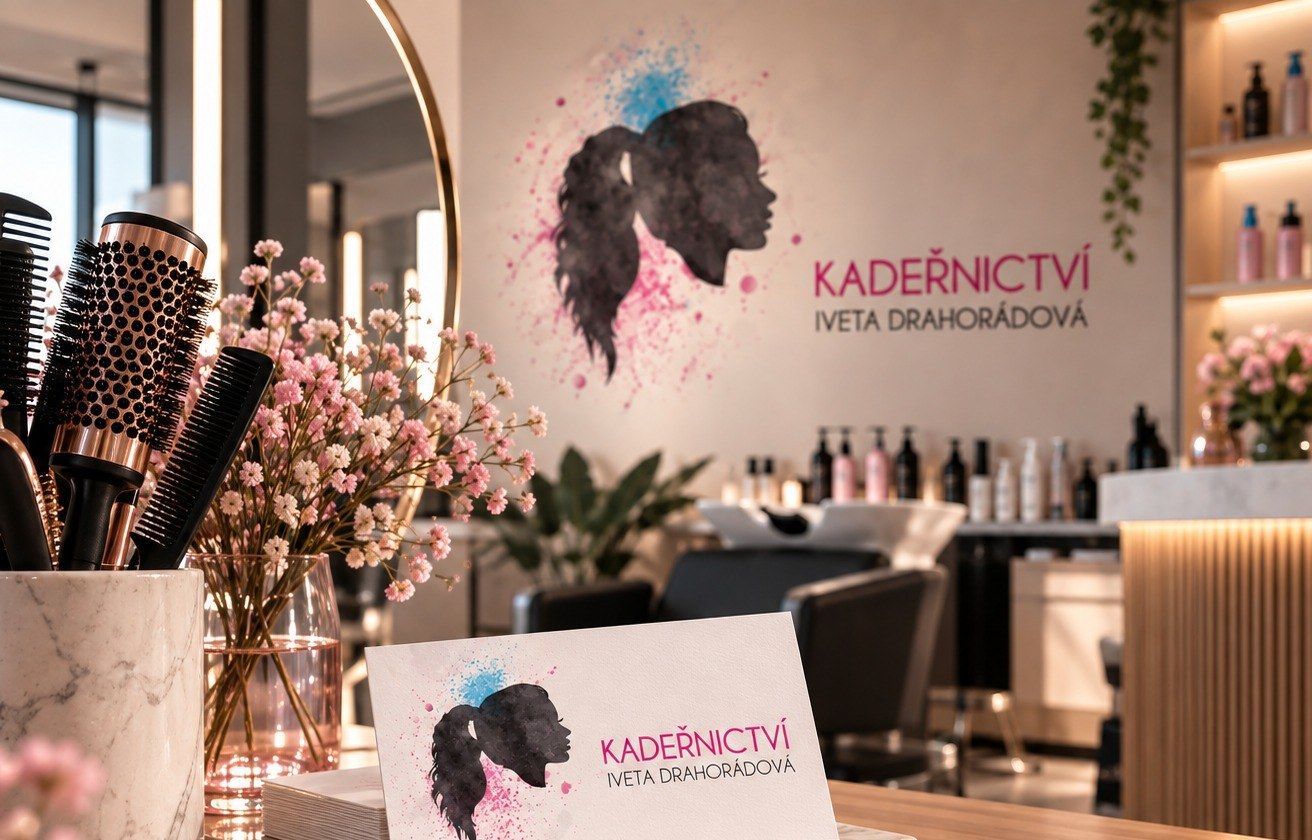 Logo Kadeřnictví Iveta Drahorádová se siluetou ženy na stěně salonu a na vizitce.