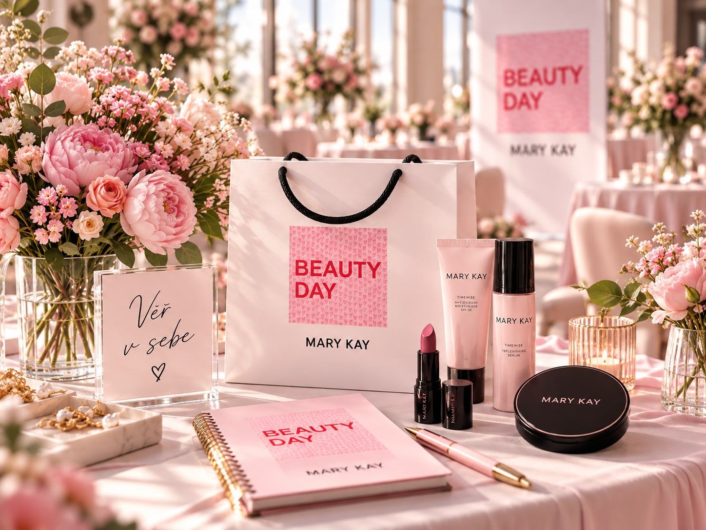 Taška, zápisník a plakát s růžovým nápisem Beauty Day Mary Kay, kosmetika a pivoňky na slavnostně prostřeném stole.
