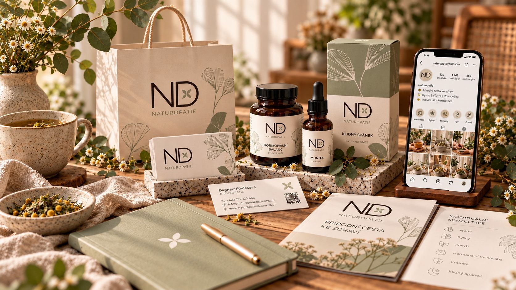 Vizuální identita značky ND Naturopatie na dřevěném stole: papírová taška a kartičky s logem, lahvičky a krabička bylinných směsí, telefon s profilem na Instagramu, kontaktní vizitka s QR kódem, zápisník, brožura a konzultační list.