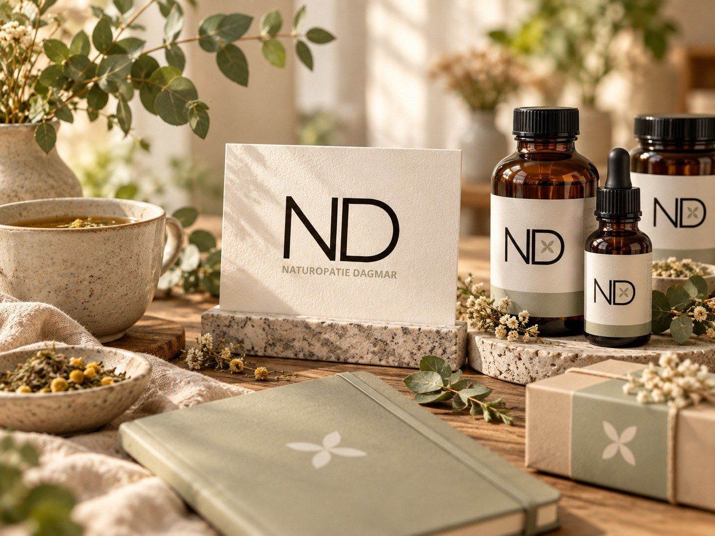 Lahvičky, vizitka a zápisník s monogramem ND Naturopatie na dřevěném stole.