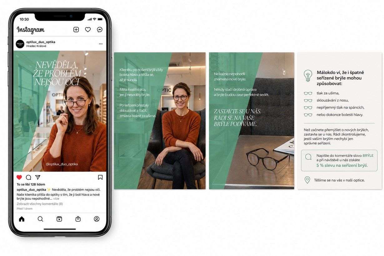 Instagramový příspěvek a carousel v zelenobílém stylu s fotkami optometristky.