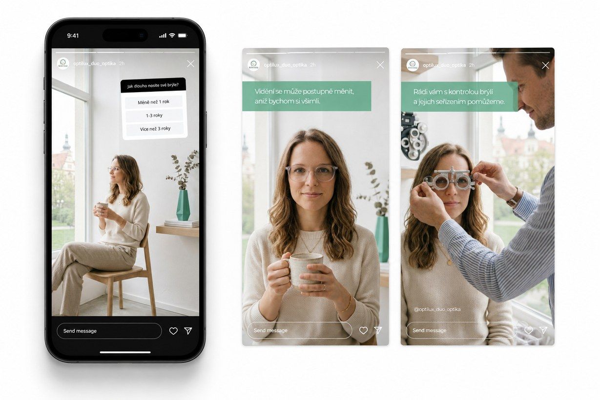 Tři instagramové stories optiky: anketa, zákaznice s brýlemi a měření zraku.